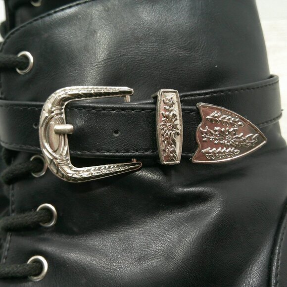 Dolls Kill Combat Moto Lace up Black Boots with Silver Buckle Strap Size 6 - Picture 8 of 13